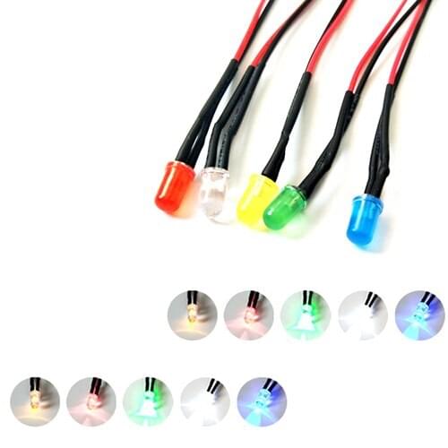 100Pcs 3V 5V 6V 9V 12V 24V 36V 48V 110V 220V Diffused 5mm LED With 20cm Red&Black Wire Warm White, Orange, Pink, Purple
