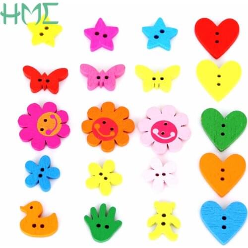 100PCs Random Mixed Star Decorative Buttons 2 Holes Mixed Shape Sewing Wooden Scrapbooking Buttons Heart Flower shape 2017 New