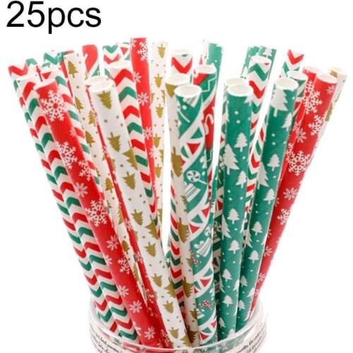 25Pcs Christmas Tree Snowflake Hat Dot Print Disposable Paper Drinking Straws