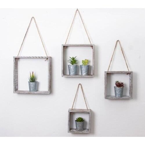 4Pcs Floating Hanging Square Shelves Wall Mounted Rustic Wood Cube Display Shelf Shadow Boxes Decorative Boho Home Decor