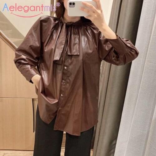 Aelegantmis Design Lace Up Pu Leather Shirts Women Pu High Street Button Female Pu Shirt Blouse New Vintage Harajuku Streetwear