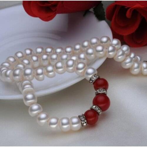 Free Shipping natural 7-8 white pearl&red jade sets jewelry