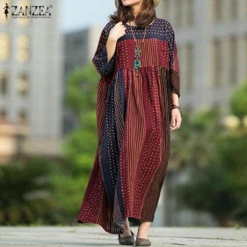 Bohemain Polka Dot Dress womens Spring Sundress ZANZEA 2021 Casual Long Sleeve Tunic Vestidos Female Printed Robe Plus Size 5XL