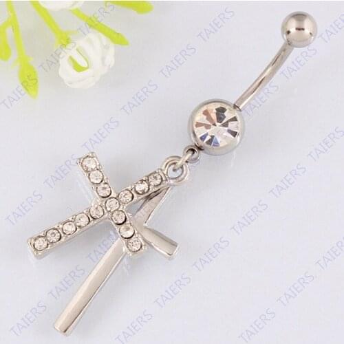 Belly bar Double Cross navel ring fashion body piercing woman jewelry Retail belly ring 14G 316L surgical steel bar Nickel-free