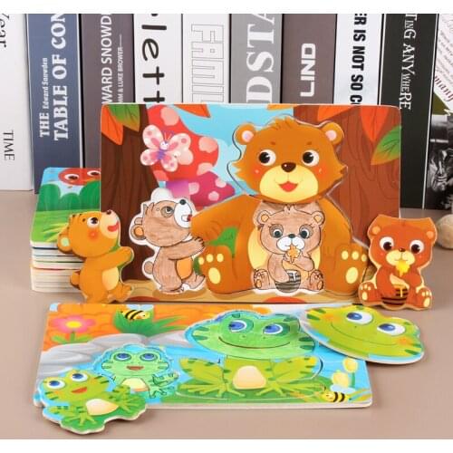 Unisex Children Wooden Jigsaw Puzzles 3D Coloring Puzzles Cartoon Animal Painting Puzzle Educational Developmental Toy for Baby