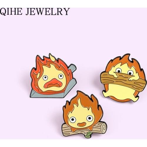 Calcifer Enamel Pin Japanese Anime Brooches for Women Cute Flame Wood Fire Elf Badge Lapel Pins Cartoon Jewelry Gift Wholesale