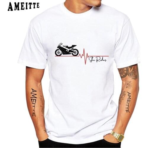 New Men Short Sleeve Funny Motorcycle Heartbeat She Rides EKG Cycling T-Shirt Hip Hop Moto Sport Boy Casual Tops Bike White Tees