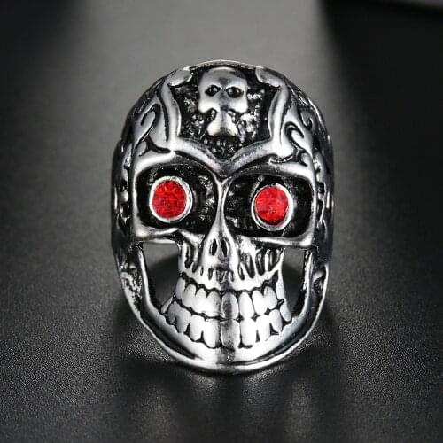 Vintage Stainless Steel Skull Red Crystal Eyes Punk Rock Ring Silvery Stylish Rings for Men Women Fashion Jewelry Gift Wholesale