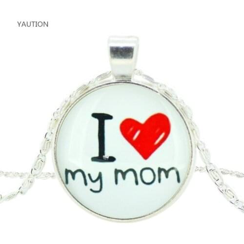 YAUTION "I love my mom" Picture Statement Chain Necklace Fashion Glass Cabochon Necklace&Pendant Silver Color Jewelry Women