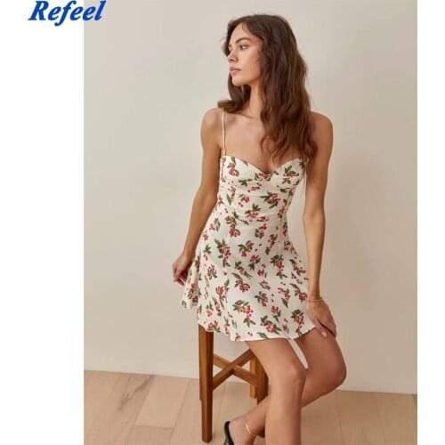 Cute Cherry Print Chiffon Vestidos Retro Summer Tank Dresses Vintage Spaghetti Straps Women Dress