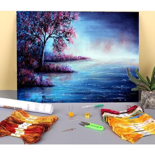 Natural Scenery Blue Illusion Printed 11CT Cross Stitch Embroidery Set DMC Threads Knitting Handmade Handiwork Different