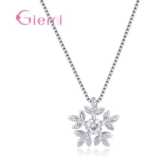 Real Original 925 Sterling Silver Shinning Clear Crystal Snowflake Pendant Necklace Chain FOr Women Girls Student Lovely Jewelry