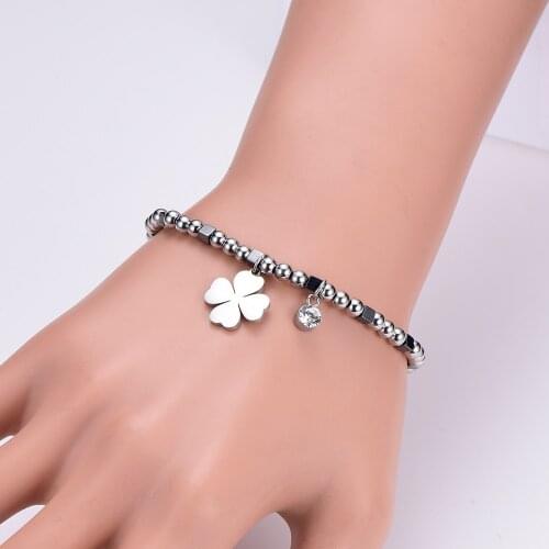Stainless Steel CZ Crystal Clover Charm Bracelet For Women Shine Black Square Bead Bracelet pulseras mujer moda Hot fashion
