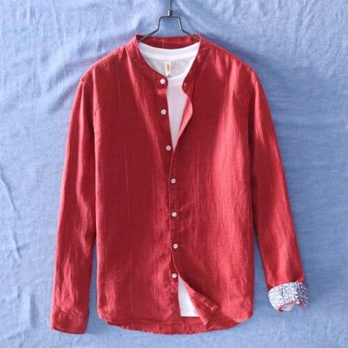 Top Quality Mens 100% Linen Shirts Striped Long Sleeve Casual Shirt Men Stand Collar Social Business Flax Dress Shirts TS-467