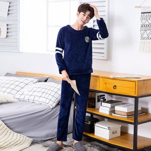 SAMWESTAR Mens Pajamas Sets Men Autumn Winter Long Sleeve Coral Velvet Thick Warm Flannel Feather Navy Homewear Set men pyjama