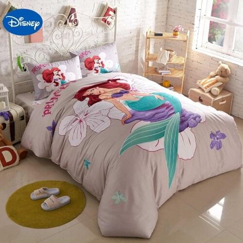 Disney Cartoon Ariel Little Mermaid Print Grey Bedding Children Girls Bedroom Decoration Duvet Bed Cover Pillowcase Bed Sheet