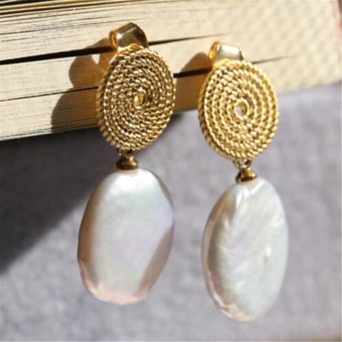 14-15mm White Baroque Pearl Earrings Gold Ear Drop Dangle Cultured Real Irregular Aurora Party Luxury AAA Hoop Mesmerizing Women