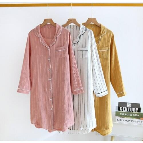 Spring Summer Womens Nightdress Cotton Long Sleeve Nightgowns & Sleepshirts Simple Large Double Layer Crepe Home Nightwear