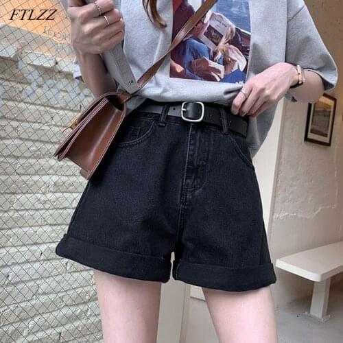 FTLZZ New Summer Women High Waist Black Denim Shorts With Belt Casual Female Solid Color Wide Leg Loose Fit Blue Jeans Shorts