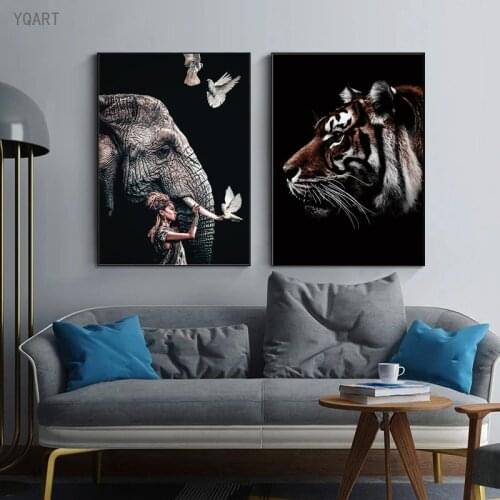 Modern Animal Posters Elephant Lions Orangutan Giraffe Canvas Paintings Human And Nature Wall Pictures Home Living Room Decor