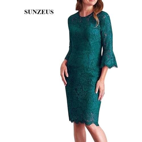 Vintage Lace Mother Of The Bride Dress Sheath Knee Length Green Lady Dinne Dresses Three Quarter Sleeves Formal Party Gown