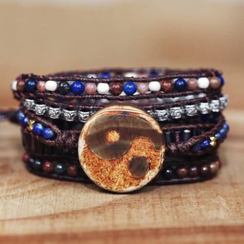 Vintage Handmade Agate Tai Chi Pattern Bracelet Crystal Mixed Knitting Bracelet Charms for Jewelry Making