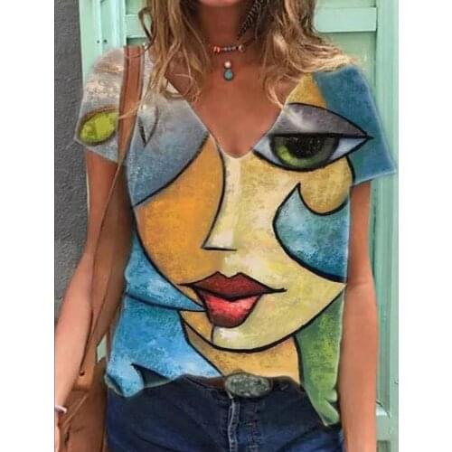 2021 New Womens Summer Casual Abstract Three-dimensional Character Multi-color Printing Blouse Retro V-neck Pullover T-shirt