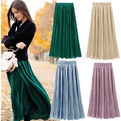 Ladies Pleated Midi Skirt Spring Summer Women High Waist Solid Pleated Skirt Fashion Ladies skirt Hot Sale