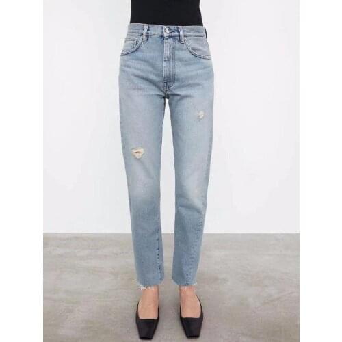 Womens Vintage High Waist Ankle-Length Jeans Spring Summer 2021 Female Hole Straight Cropped Denim Pants
