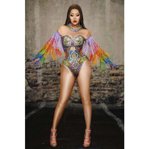 Womens Sexy Colorful Rhinestones Fringes Costume Birthday Prom Celebrate Outfit Club Bar Evening Dancer Show Bodysuit