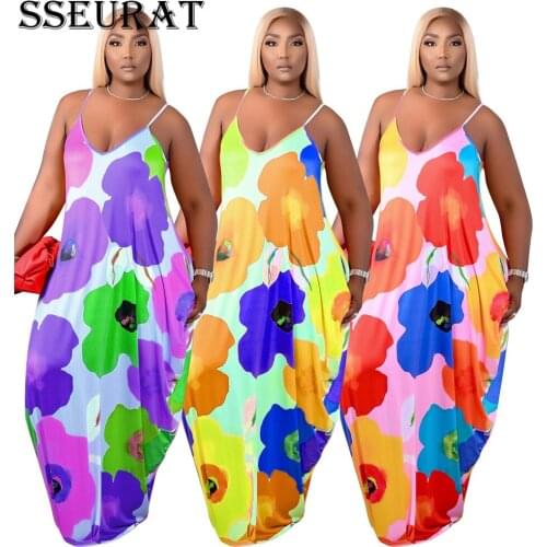 SSEURAT Women Plus Size Dress Print Strap V-neck Loose Dresses Casual Vestidos Summer 2021