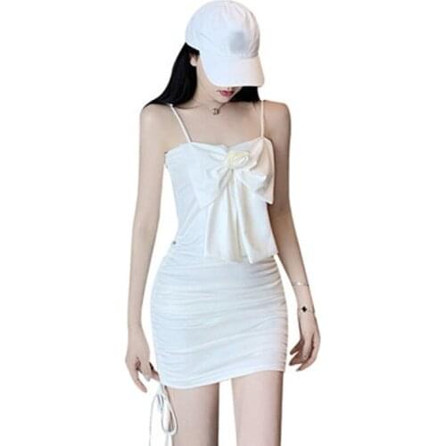 YUZACDWX High Quality Best-selling Retro Fashion 2021 Summer Arrival Camellia bow drawstring pleated suspender Woman Dress
