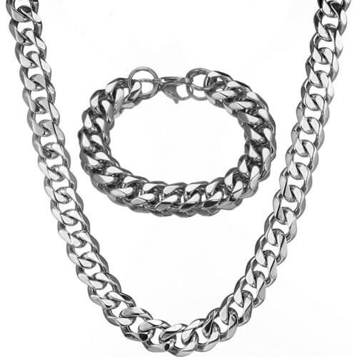 13/15mm Bracelet Or Necklace Optional Metal Stainless Steel Silver Color Cuban Curb Chain Men/Women Jewelry Christmas Gift 7-40"