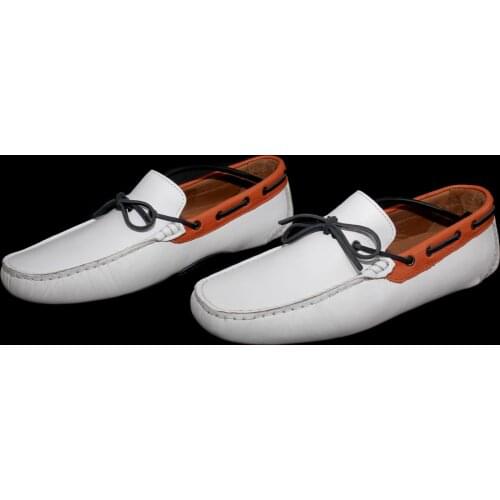 Handmade White Orange Leather Moccasins, Casual Daily Footwear for Men, Comfort Driving Mocs with Bright Colors, Mens Fashion