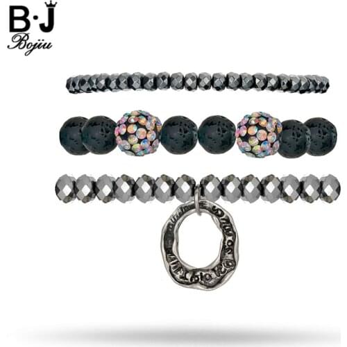 BOJIU 3 Pcs/Set Fashion Simple Bracelets For Women Grey Crystal Black Lava Beads Bracelet Sets For Women Casual Bracelet BCSET73