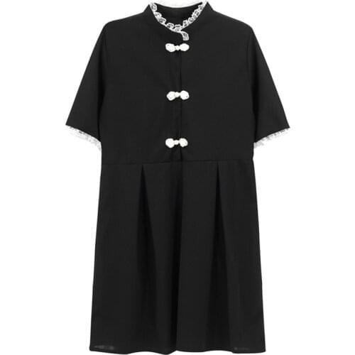 PERHAPS U Black O Neck Button Sleeve Short Sleeve Vintage Cheongsam Mini Summer Chinese Style D1781