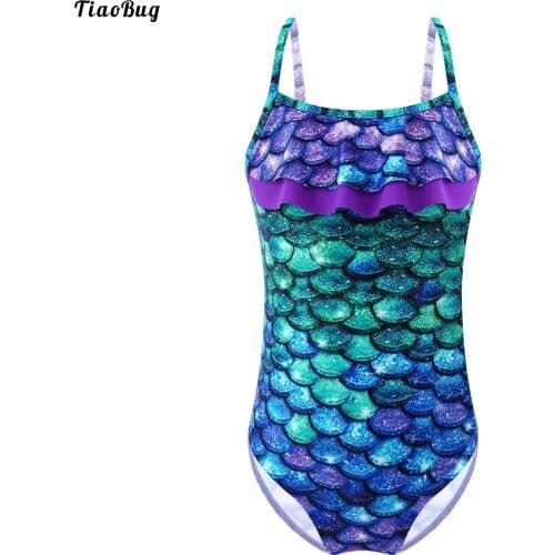 TiaoBug Kids Girls One-Piece Jumpsuit Swimwear Adjustable Straps Fish Scales Print Cut Out Open Back Swimming Bathing Bodysuit