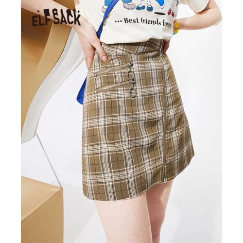 ELFSACK Plaid British Chic Zipper High Waist Casual Women Mini Skirts,2021 Summer Vintage Sexy Ladies Daily Preppy Bottom