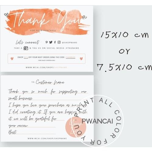 Editable Social Media Thank You For Your Purchase Card and Note, Orange color Small Business Card With Coupon Social Media