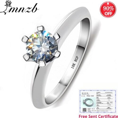 LMNZB With Certificate 18K White Gold Ring Solitaire 1 Carat Zirconia Diamond Wedding Rings For Women Free Sent Gift Box R018