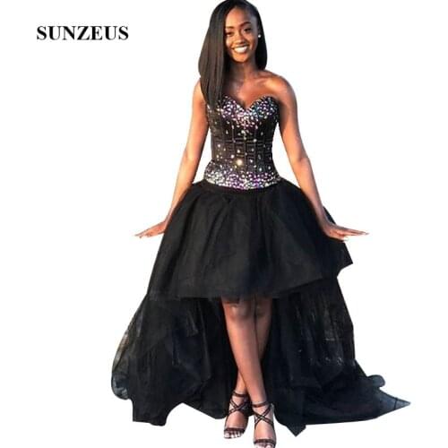 Short Front Long Back Black Prom Dress With Rhinestones Beaded Corset High Low Party Gowns Tulle Teen Prom Wear
