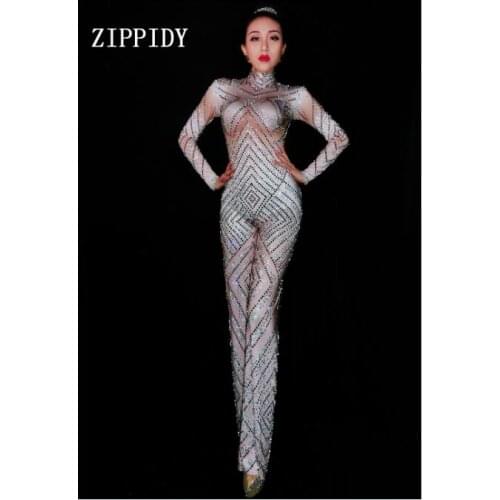 Fashion Shining Jumpsuits Rhinestones Sexy Bodysuit Stage Performance Female Birthday Celebrate luxurious Singer Costume Wear