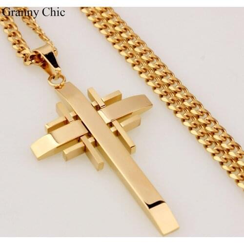 Granny Chic Fashion Jewelry for Men Gold Tone Stainless Steel Cross Pendant with Curb Chain Necklace
