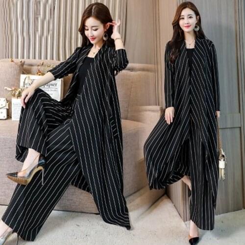 Fashion Stripe Suit For Women 2019 Summer New Print Top + Wide Leg Pants Trousers Elegant Two Piece Set Plus Size M-4Xl AA4979