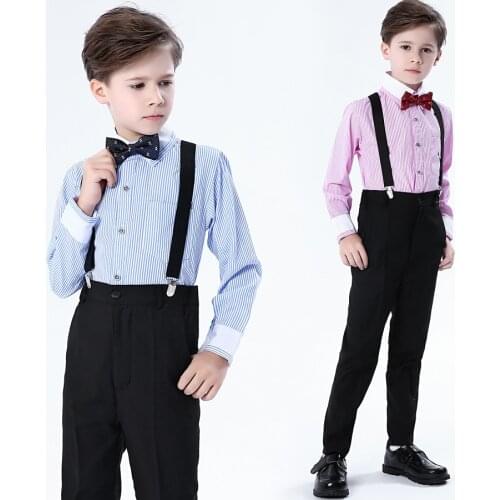 Formal Flower Boy Bib Suit Set Baby Piano Host Performance Wedding Costume Children Shirts Pants Strap Bowtie 4pcs Clothing Set