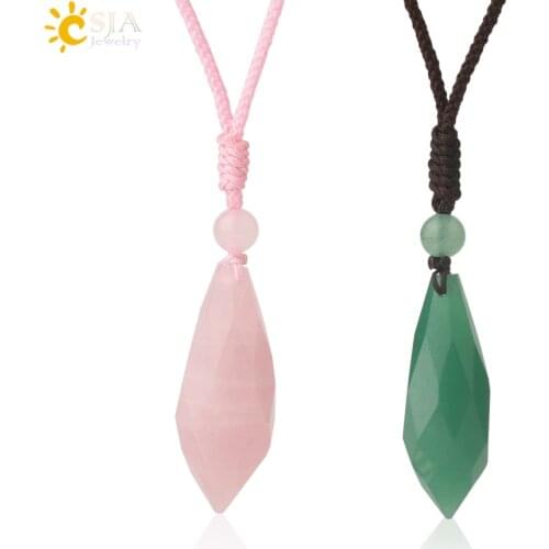 CSJA Faceted Natural Stone Pendants Necklaces Pink Quartz Crystal Water Drop Weave Rope Long Necklace for Women Men Jewelry G595