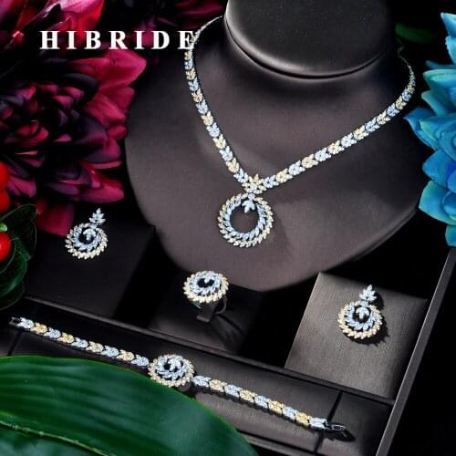 HIBRIDE Luxury Zircon Bridal Wedding Jewelry Sets Exquisite Zirconia Necklace/ Earrings/ Ring/ Bracelet Full Set for Women N-119