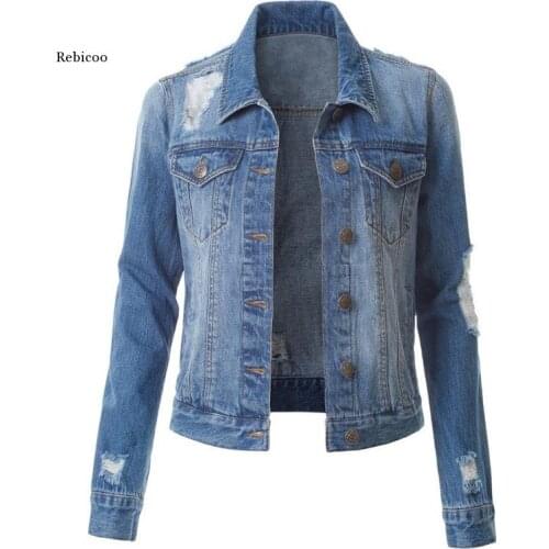 Torn Jean Jacket Women Denim Jackets Autumn Fall Denim Jacket Women Spring Coat Female Womens Clothing Black Blue