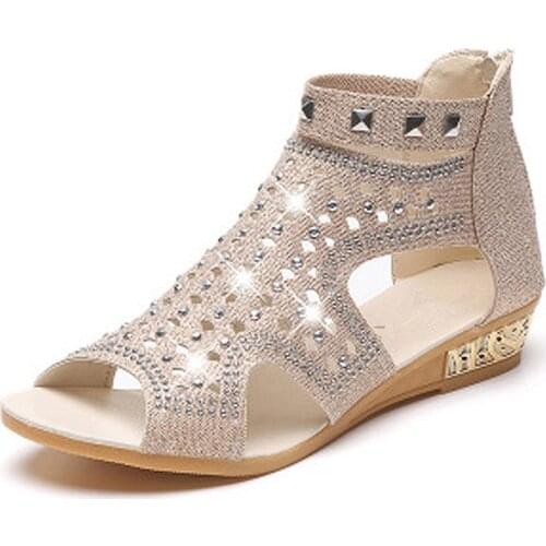 Spring Summer Women Shoes Roma Style Low Heels Women Sandals Cut-Outs Crystal Wedge Gladiator Sandalias Mujer XKD4306