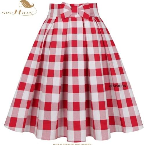 SISHION White Red High Waist Bow Checkered Skirt SS0012 XS-XXL Y2K Vintage Cotton Plus Size Women Clothes Pleated Plaid Skirts